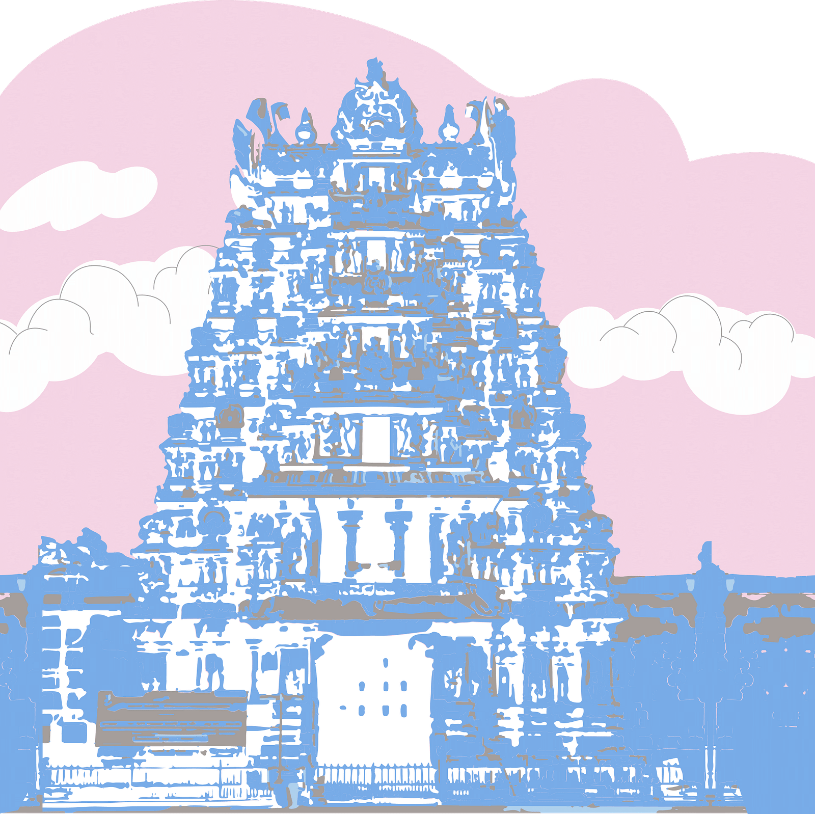 Illustration of a South Indian temple gopuram with intricate carvings, set against a pastel pink sky and soft clouds.