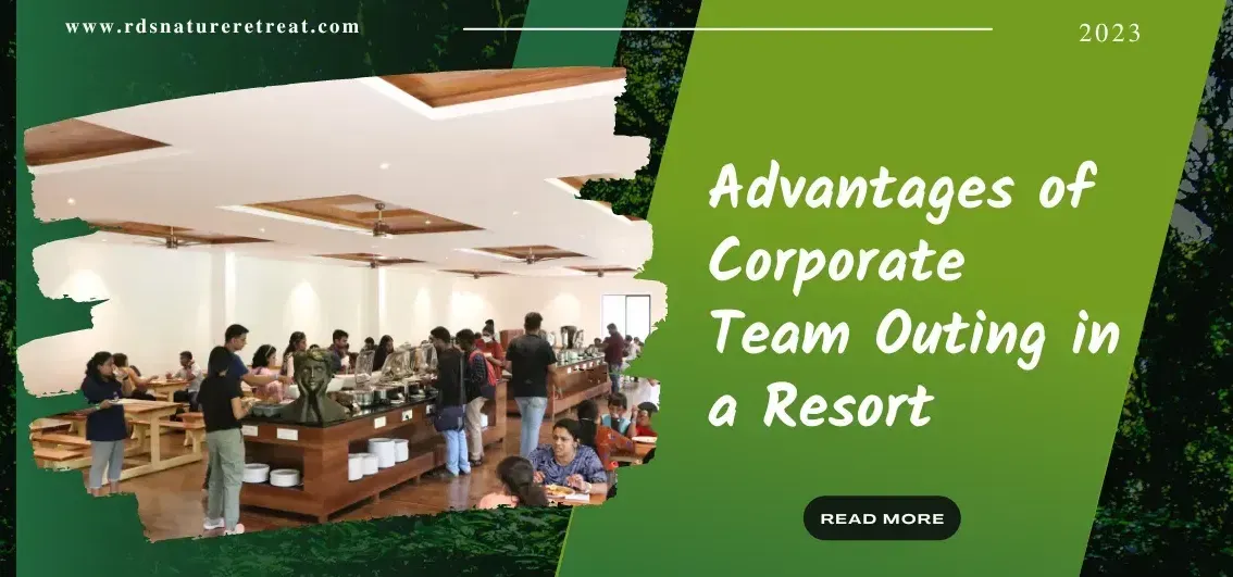 A poster that says 'Advantages of Corporate Team Outing in a resort'