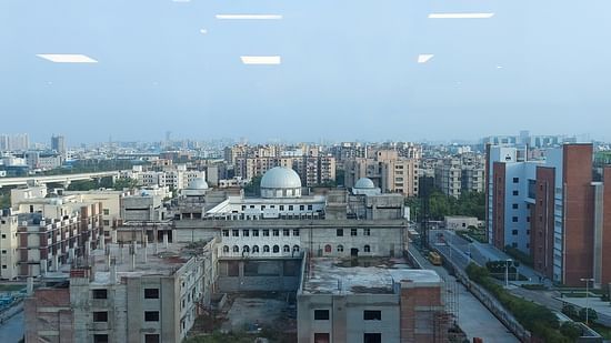 An overview of a city with buildings.