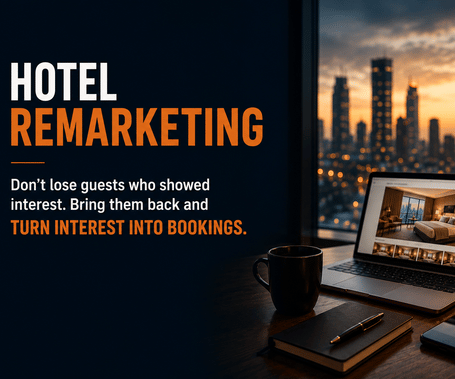 An image with a laptop with screen on in the right, and text displaying Hotel Remarketing.