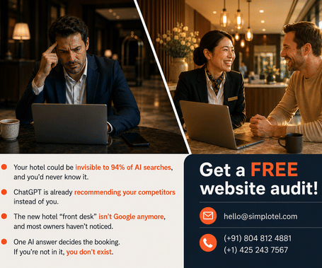 Simplotel promotional graphic contrasting a frowning man at a laptop with a smiling hotel staff member and guest, promoting a free website audit for hotels missing from AI search.