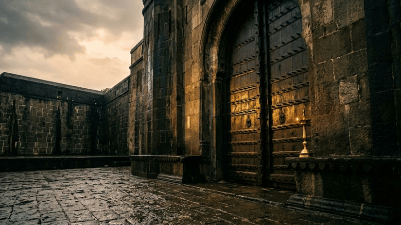 The historic Delhi Darwaja entrance of Shaniwar Wada with its massive wooden gate and stone walls.