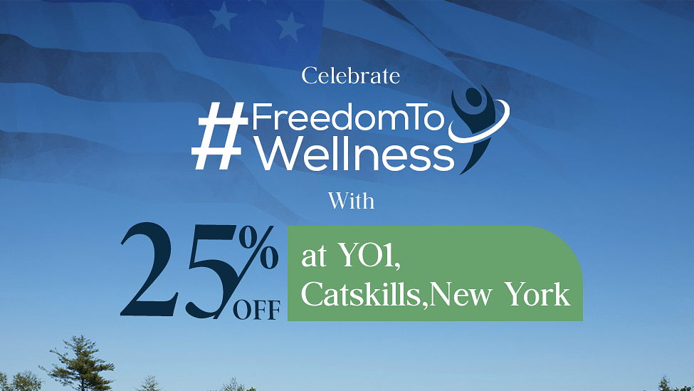 Promotional banner for wellness programs at YO1, Catskills, New York, offering a 25% discount, featuring a group yoga session with a serene outdoor backdrop.