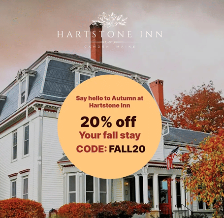 Fall offer flyer for Hartstone Inn in Camden, Maine, till November 30th 2026.