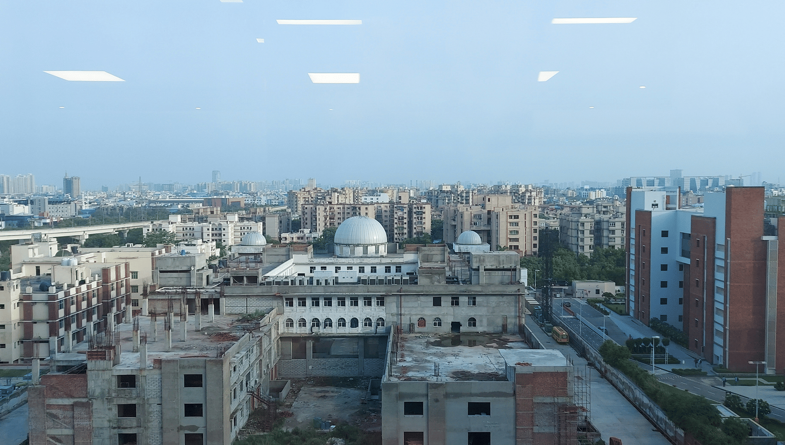 An overview of a city with buildings.