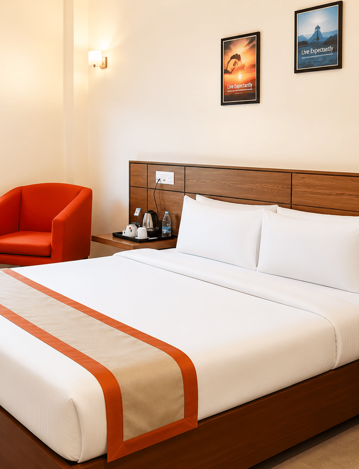 Max Queen Room at Max Hotel Jabalpur featuring a queen size bed, bedside tables and large windows with natural light.