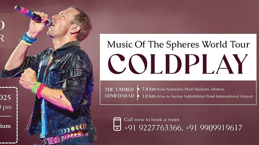 A promotional poster for Coldplay's Music of the Spheres World Tour in Ahmedabad, India. The poster features a photo of Chris Martin, the band's lead singer, and the tour dates and venue details.