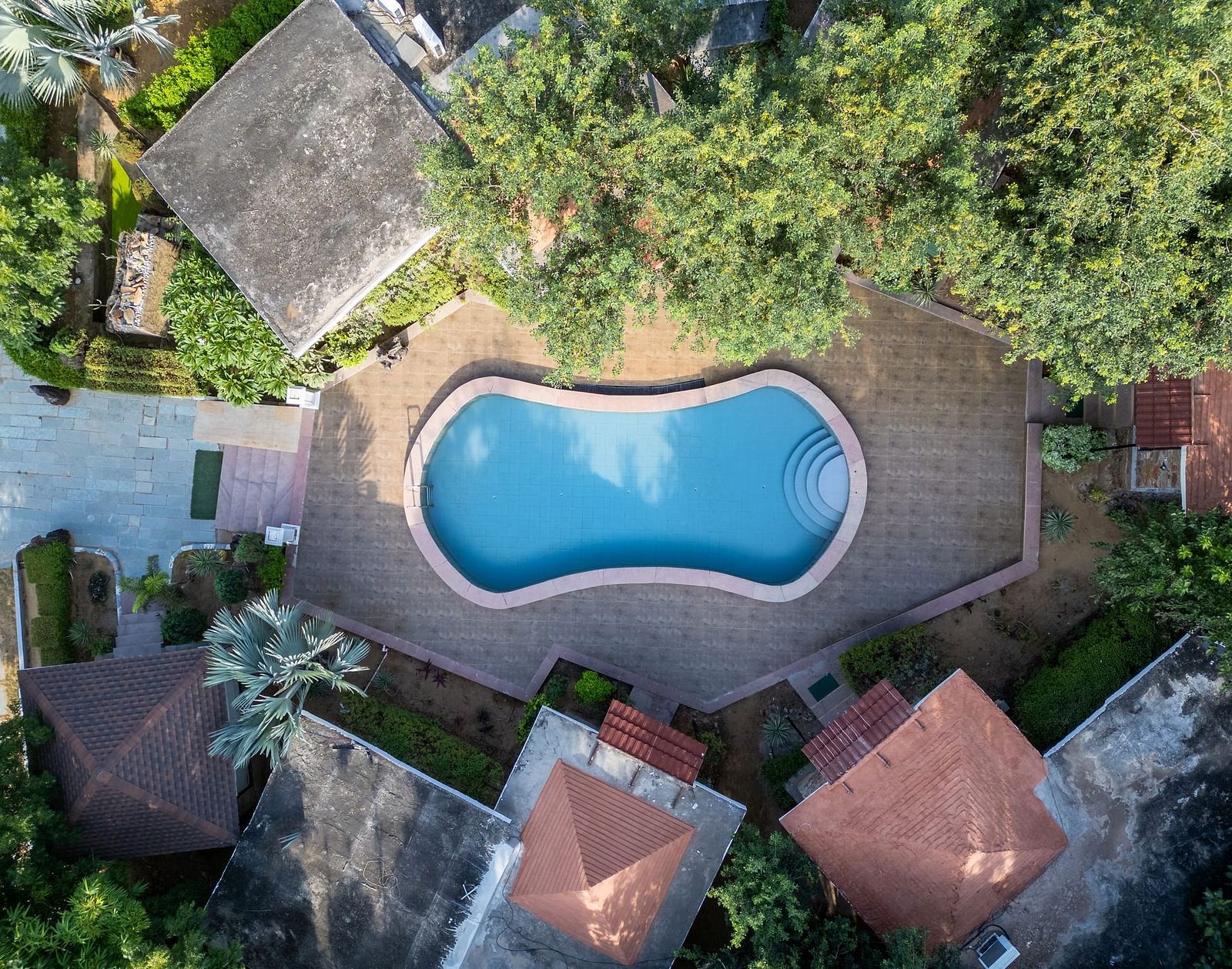 Aerial view of a swimming pool at Valley by Grassfield, nestled among lush trees and surrounded by accommodations.