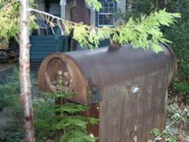 A wooden postbox surrounded by greenery at Shaver Lake Village Hotel.