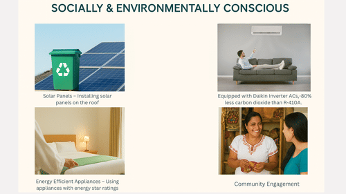 Presentation slide displaying the hotel’s eco-friendly initiatives and socially conscious practices.