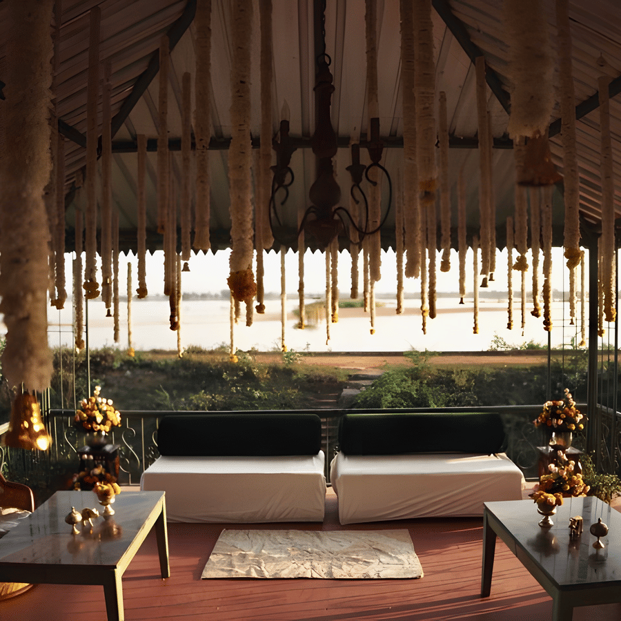 Decorated mandap setup under canopy at Umaid Palace prepared for Charvi & Dhruv wedding rituals