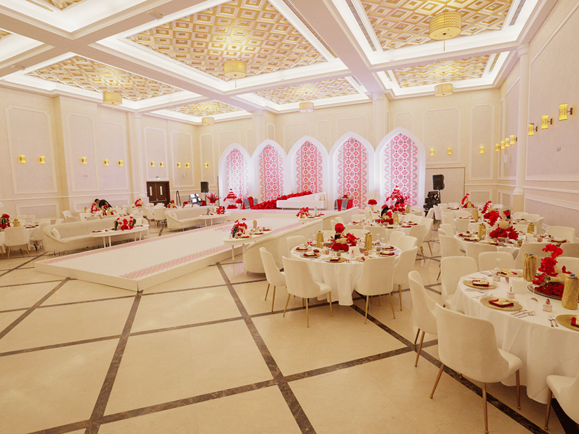 Corner view of an elegantly decorated banquet hall at La Maison, Doha, with round tables set for a formal event.