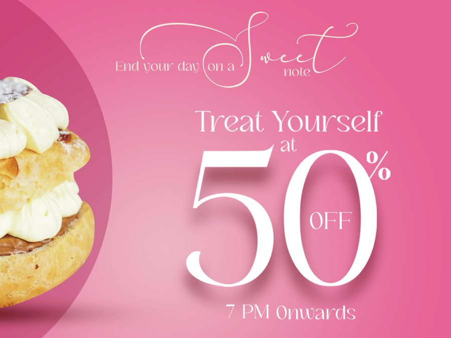 Happy Hour banner showcasing the the 50% offer and a dessert - Karma Lakelands.