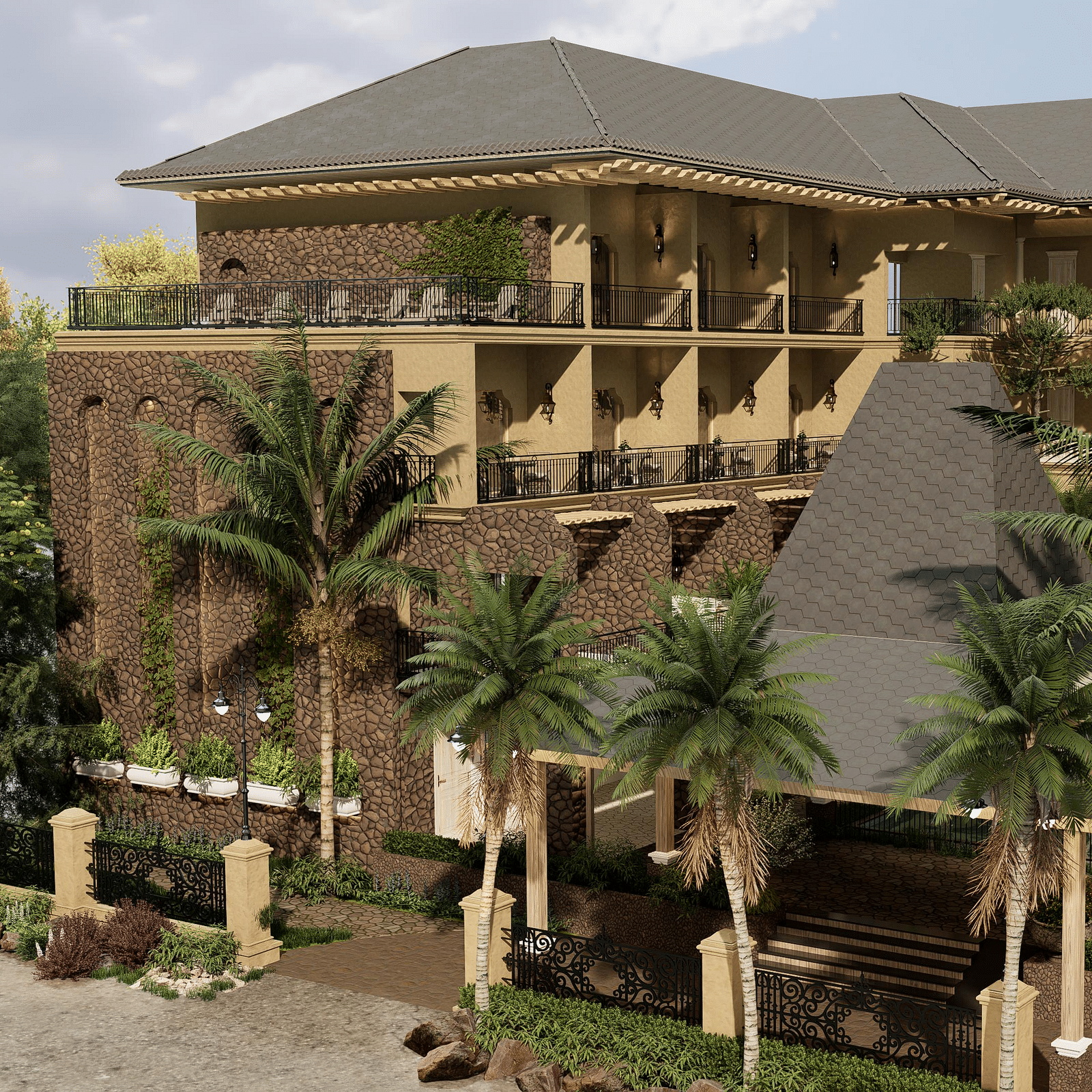 Facade view of The Evren, Vagator, with palm trees in the foreground.