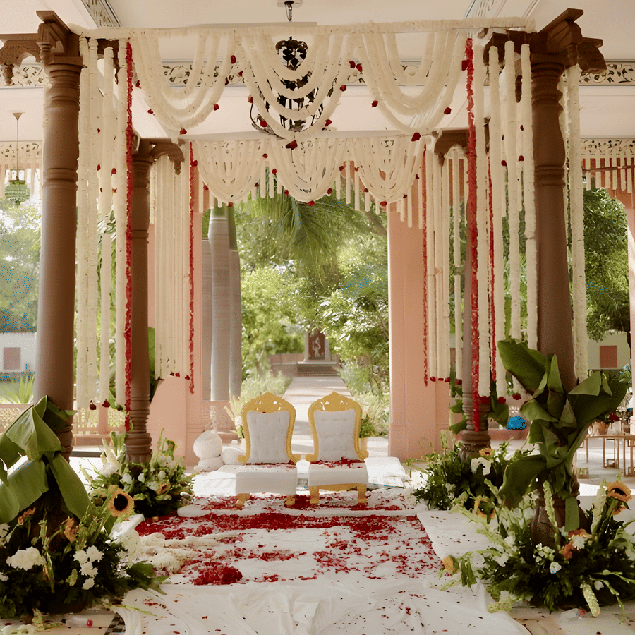 Floral mandap decor with pillars at Umaid Palace set for Charvi & Dhruv wedding ceremony.