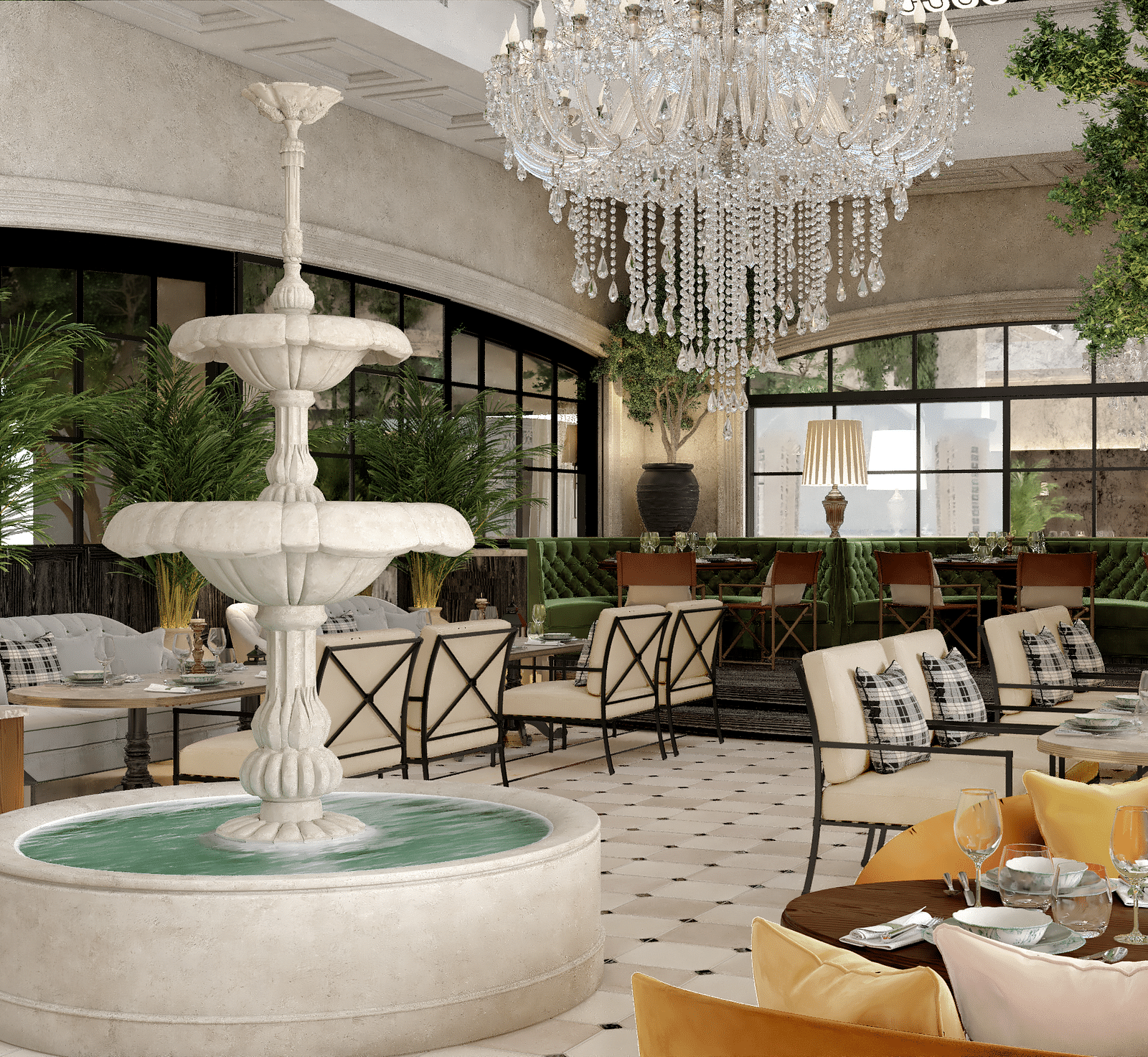 image of the restaurant with a beautiful white coloured fountain in the middle at kertel suites, kinshasa