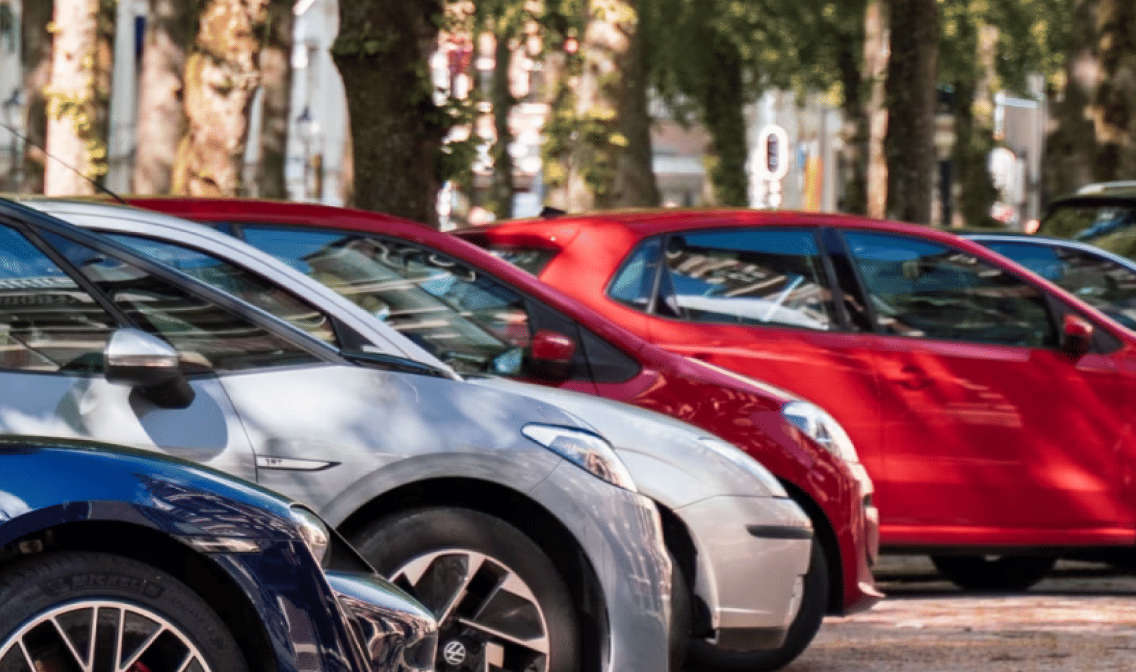 Row of colourful parked cars lined neatly under trees.