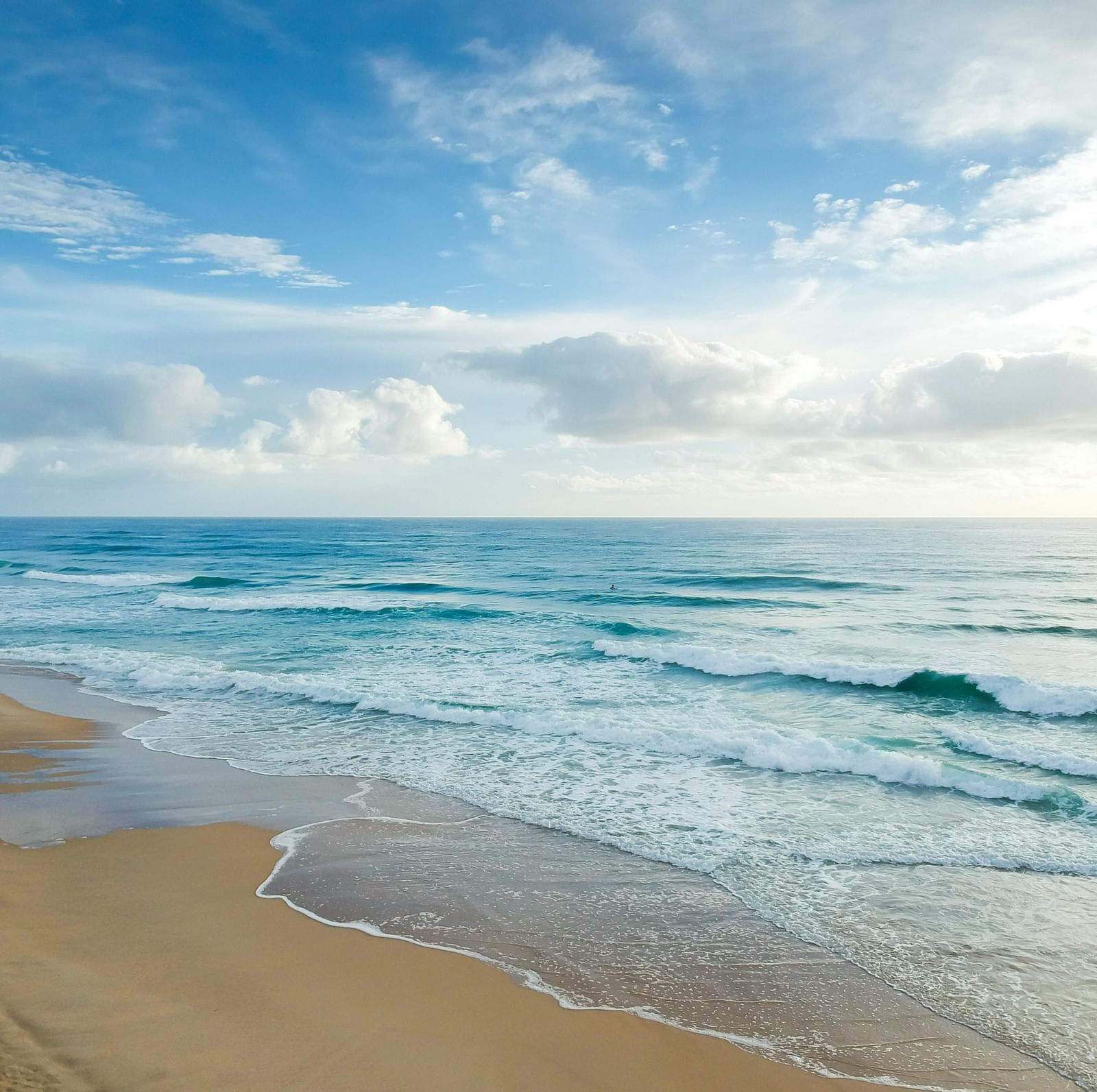 A view of the beach on a cloudy day. 