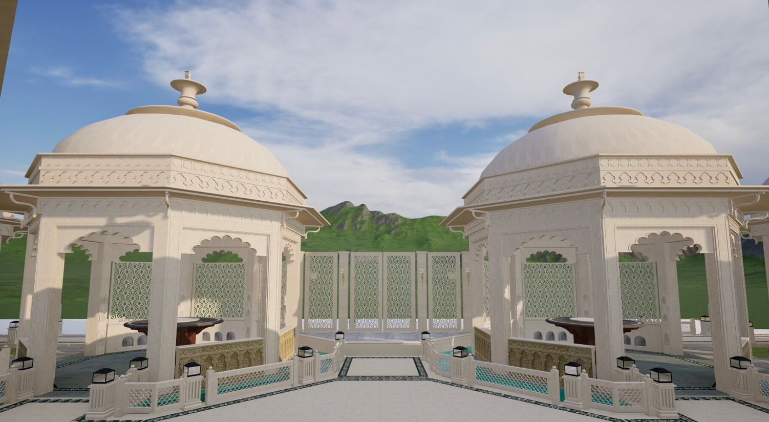 the two towering domes of Panch Mahal, each featuring octagon shaped domes, a cosy dining arrangement, and intricate Rajput architecture like the ornamental lattice screens - Kaldan Samudhra Palace
