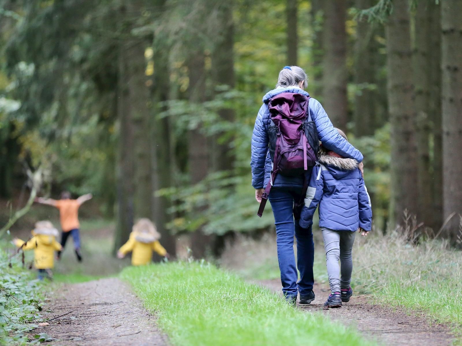 A family walking on a off road path surrounded by lush green trees