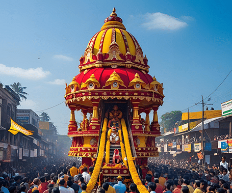 Traditional chariot tied with a rope, surrounded by people under a bright sky during Rath Yatra celebrations