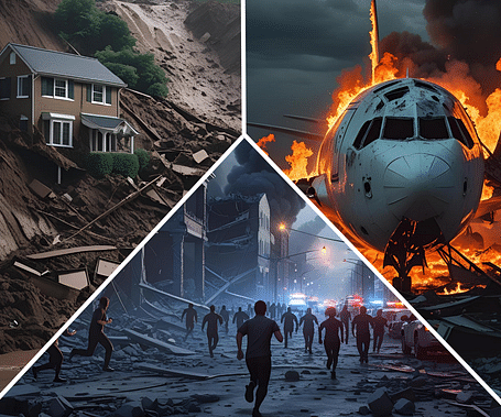 Three disaster scenes: landslide damaging houses, burning aircraft wreckage, and people evacuating during emergency.