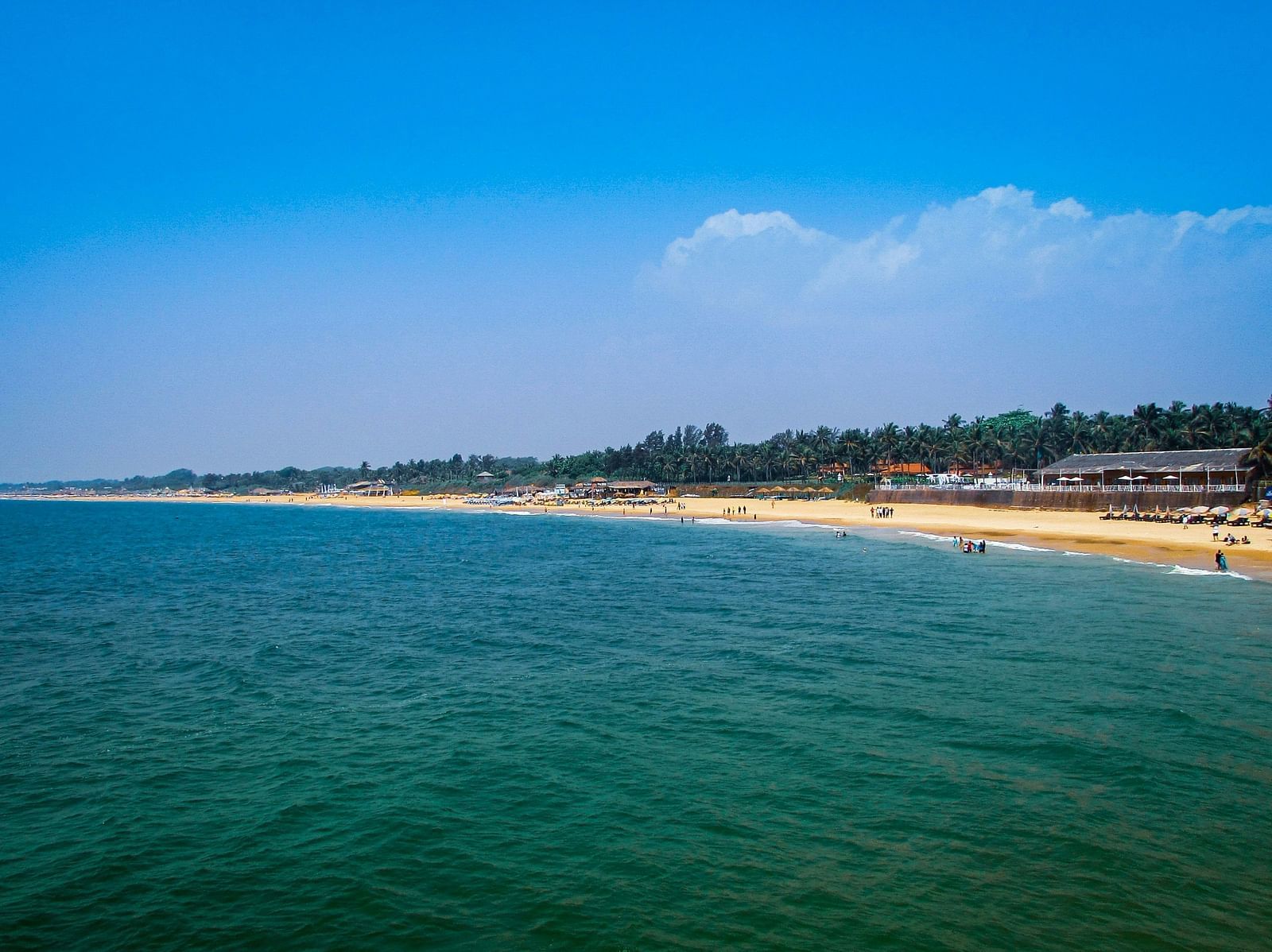 An overview of Candolim Beach with blue skies in the background