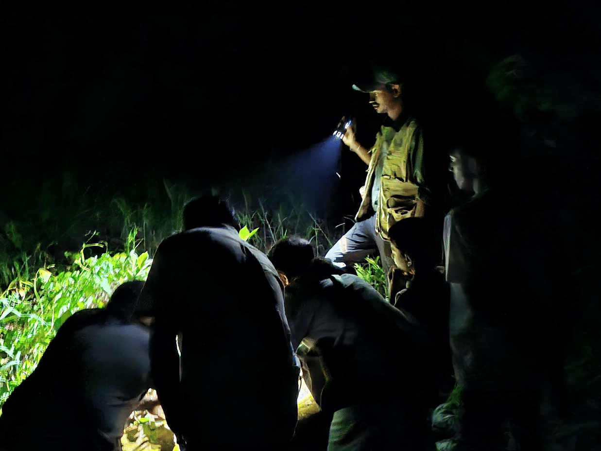 Tourists on a guided nocturnal walk in Nagarahole National Park.