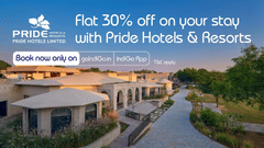 IndiGo and Pride Hotels & Resorts offer banner promoting 30% off on hotel stays.