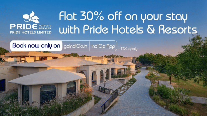 IndiGo and Pride Hotels & Resorts offer banner promoting 30% off on hotel stays.