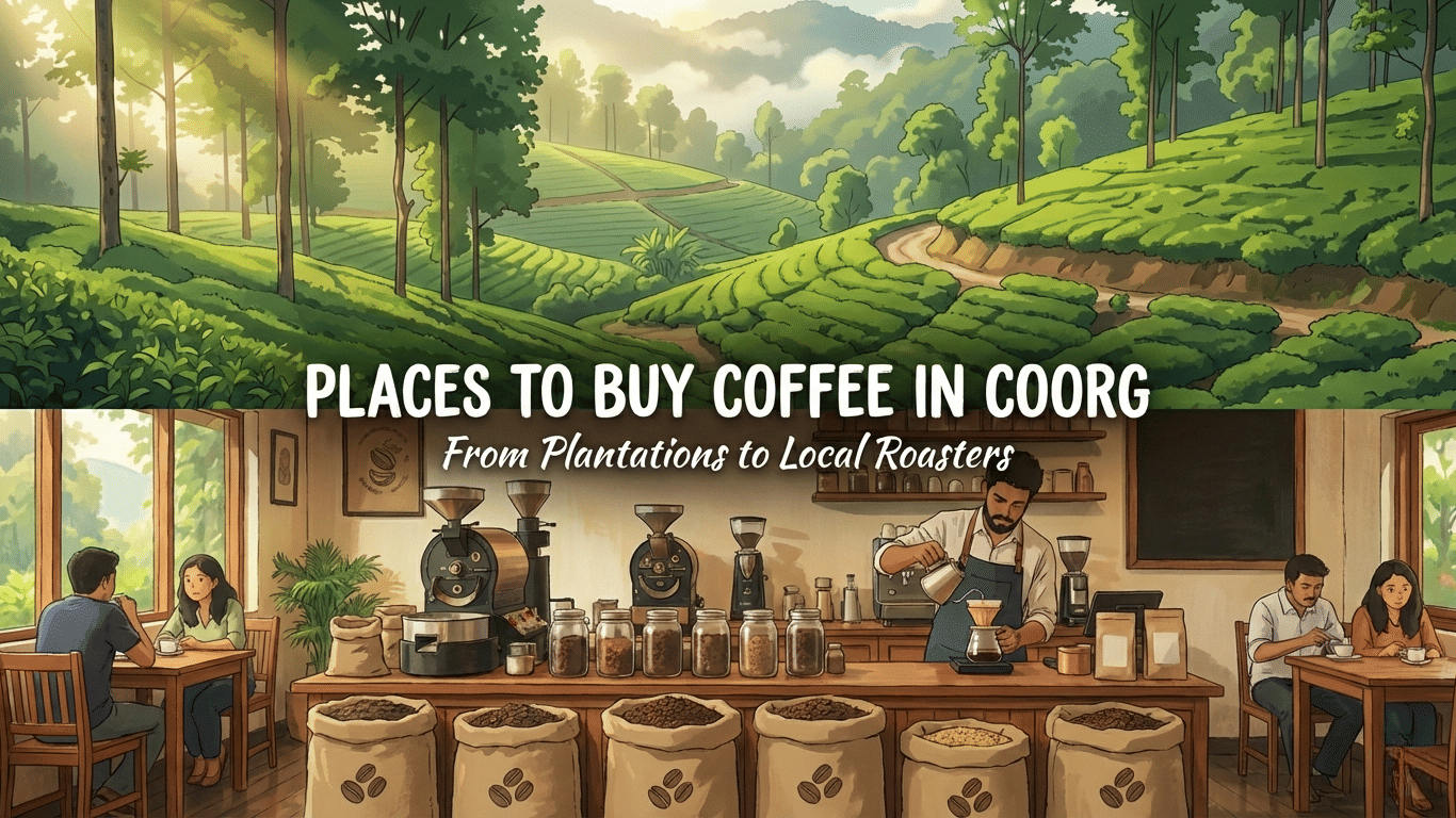 Illustrated cover image showing coffee plantations and packaged coffee titled places to buy coffee in Coorg.