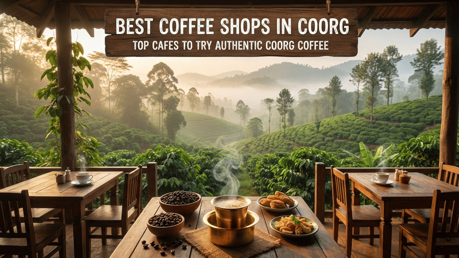 A sitting area of a cafe with wooden tables and chairs overlooking greenery and coffee plantations.