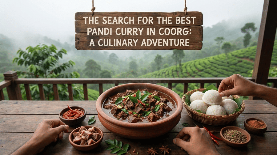 Food presentation showing pandi curry served with accompaniments on a table with a text banner about Coorg cuisine.
