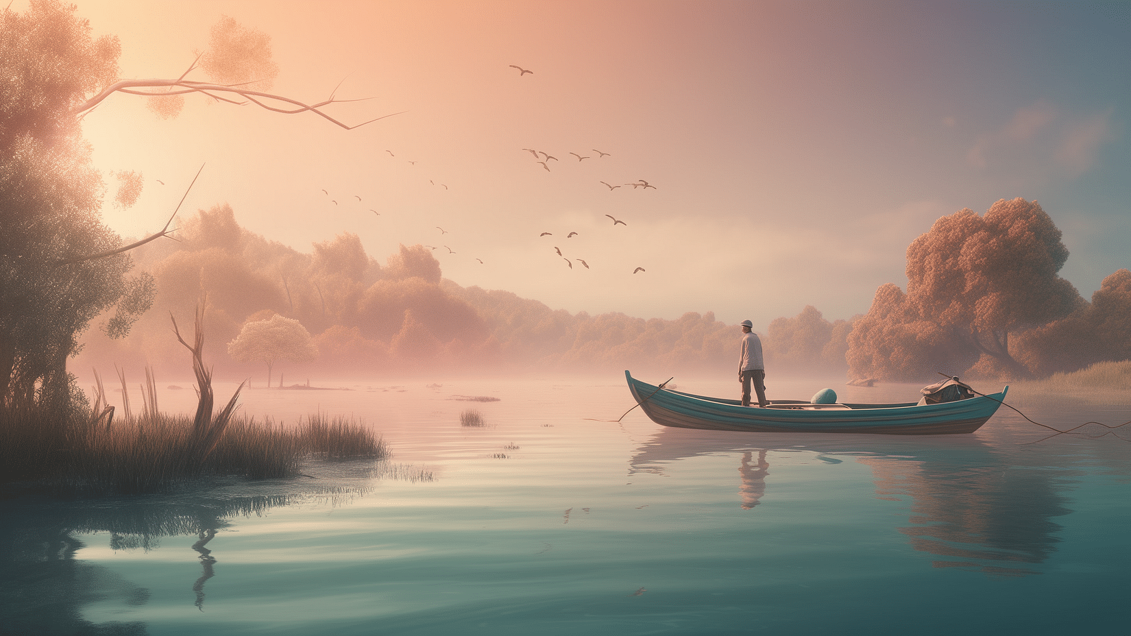 Two people in a boat on a misty lake at dawn.