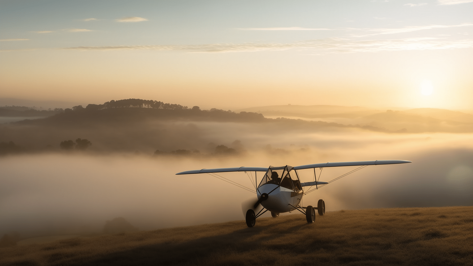 An airplane on a foggy hill at sunrise.