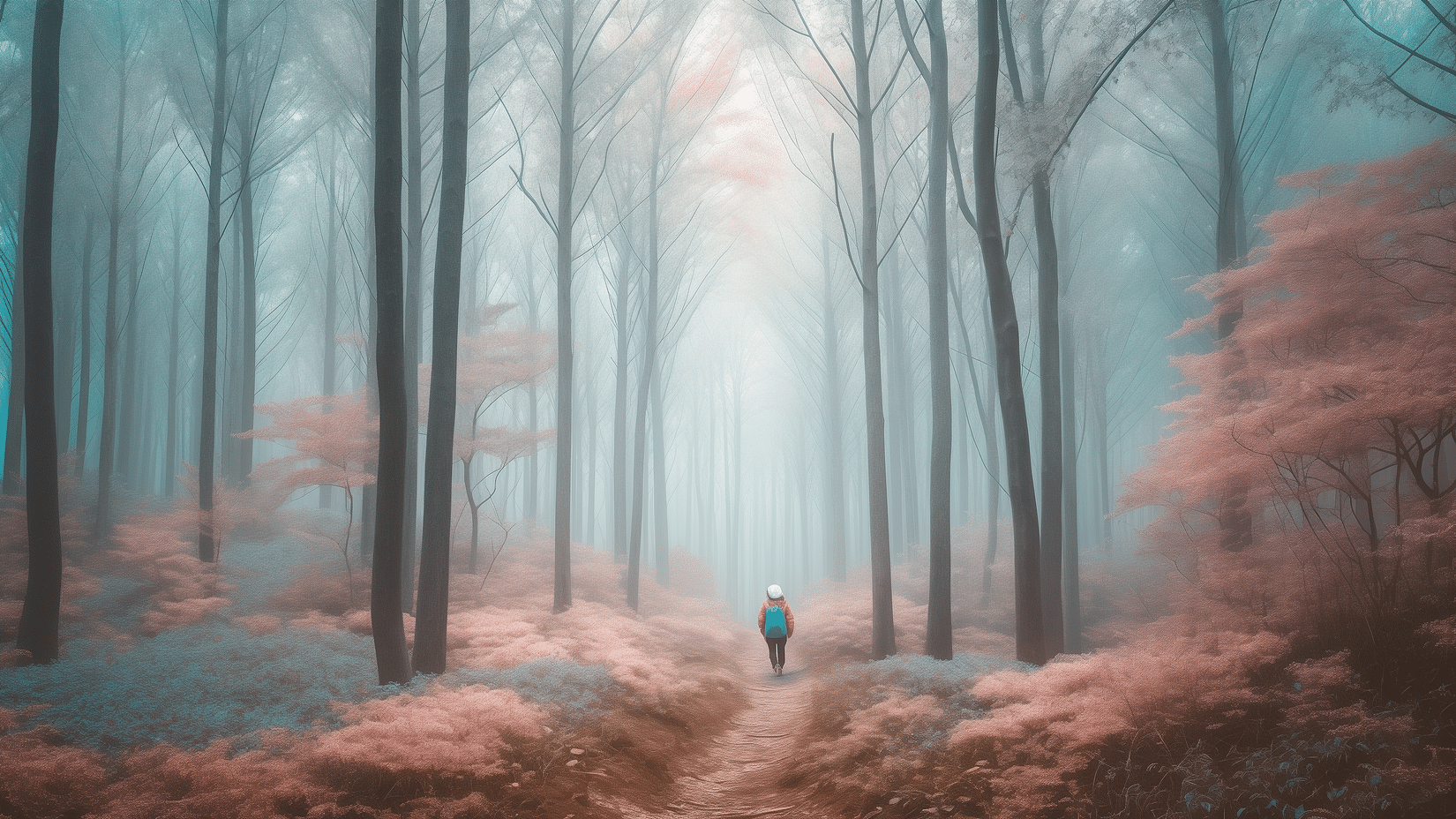 A person walking in a foggy pink forest.