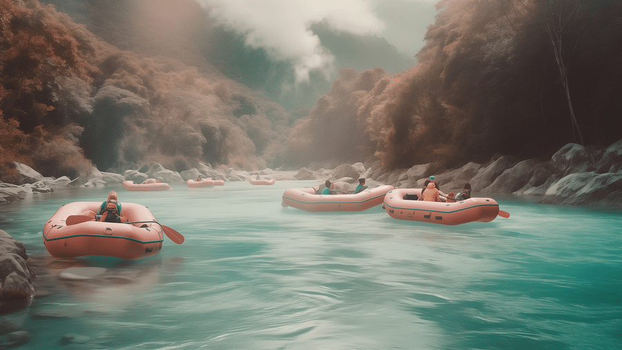 People on rafts in a misty river canyon.