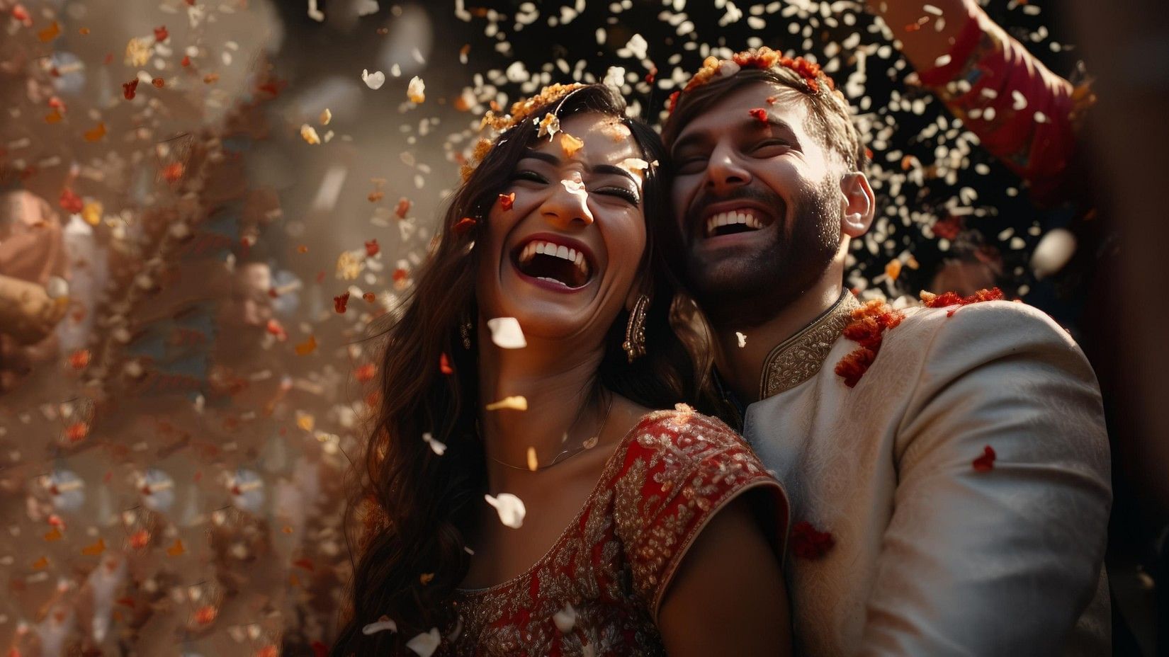a couple holding each other and seen laughing as paper particles are scattered everywhere in celebrations.