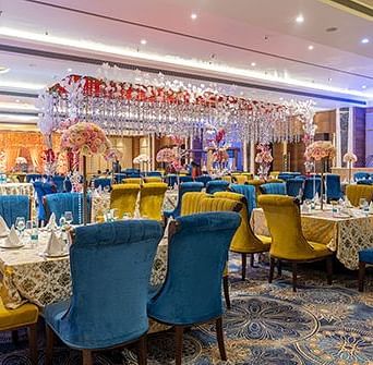 A lavish interior of an event hall at Nirvana Luxury Hotel, Ludhiana.