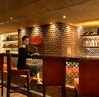 A lady sitting on a bar counter at Nirvana Luxury Hotel, Ludhiana