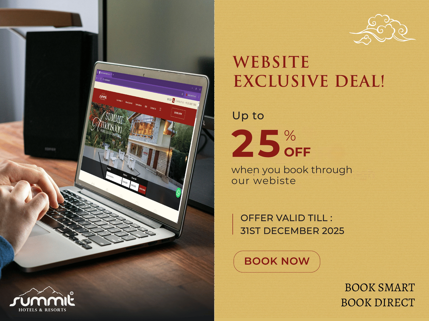 Book directly through the Website of Summit Hotels and Resorts and enjoy a discount of 25%. Offer valid till 31st December 2025.