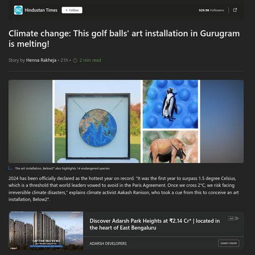 MSN Article on 21st March 2025 with headline - Climate change: This golf balls' art installation in Gurugram is melting! - Karma Lakelands.