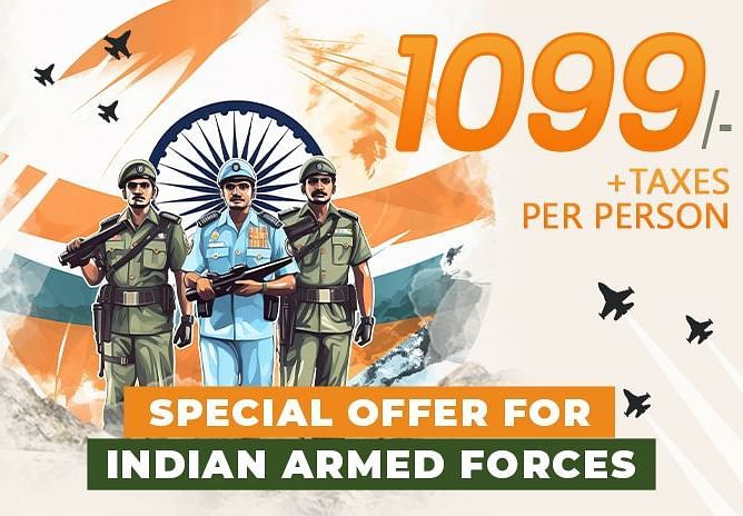 Creative banner for a Special Offer for the Indian Armed Forces at RFC, starting at ?1,099 per person, featuring defence personnel with the Indian flag in the background.