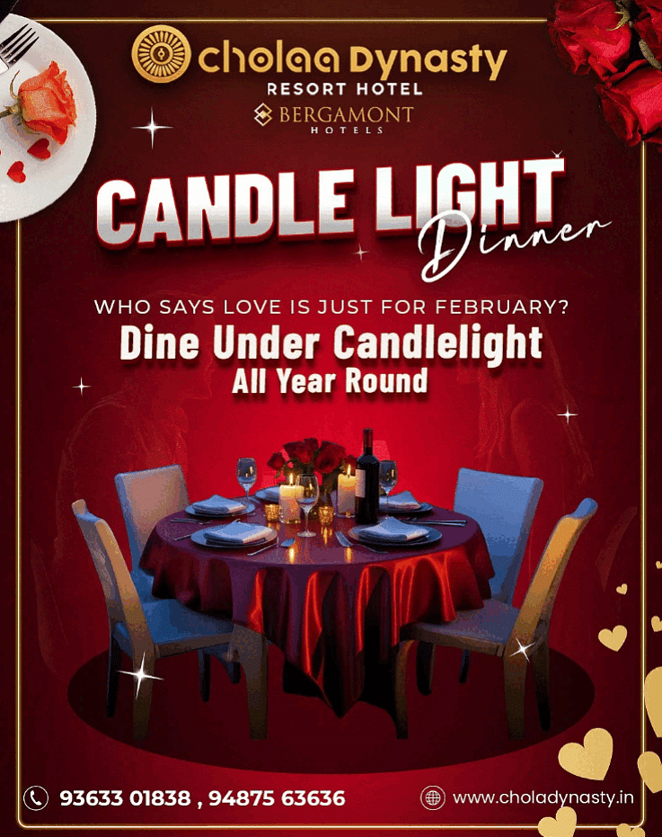 Candle light dinner poster of Cholaa Dynasty, Kumbakonam with offer & contact details mentioned in a colorful creative