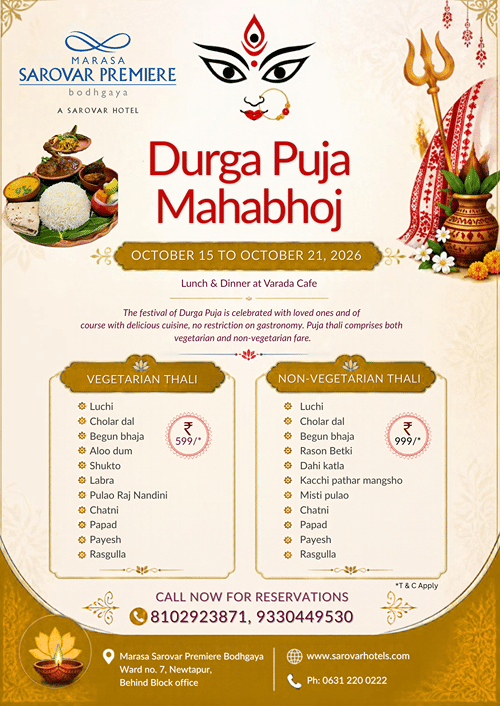 Durga Puja Mahabhoj festive offer poster showcasing vegetarian and non-vegetarian thalis at Varada Cafe, Marasa Sarovar Premiere Bodhgaya, from 15th to 21st October 2026.