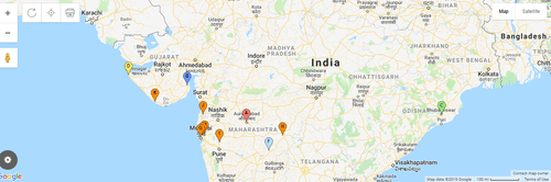 a map of India with pins on different cities in India