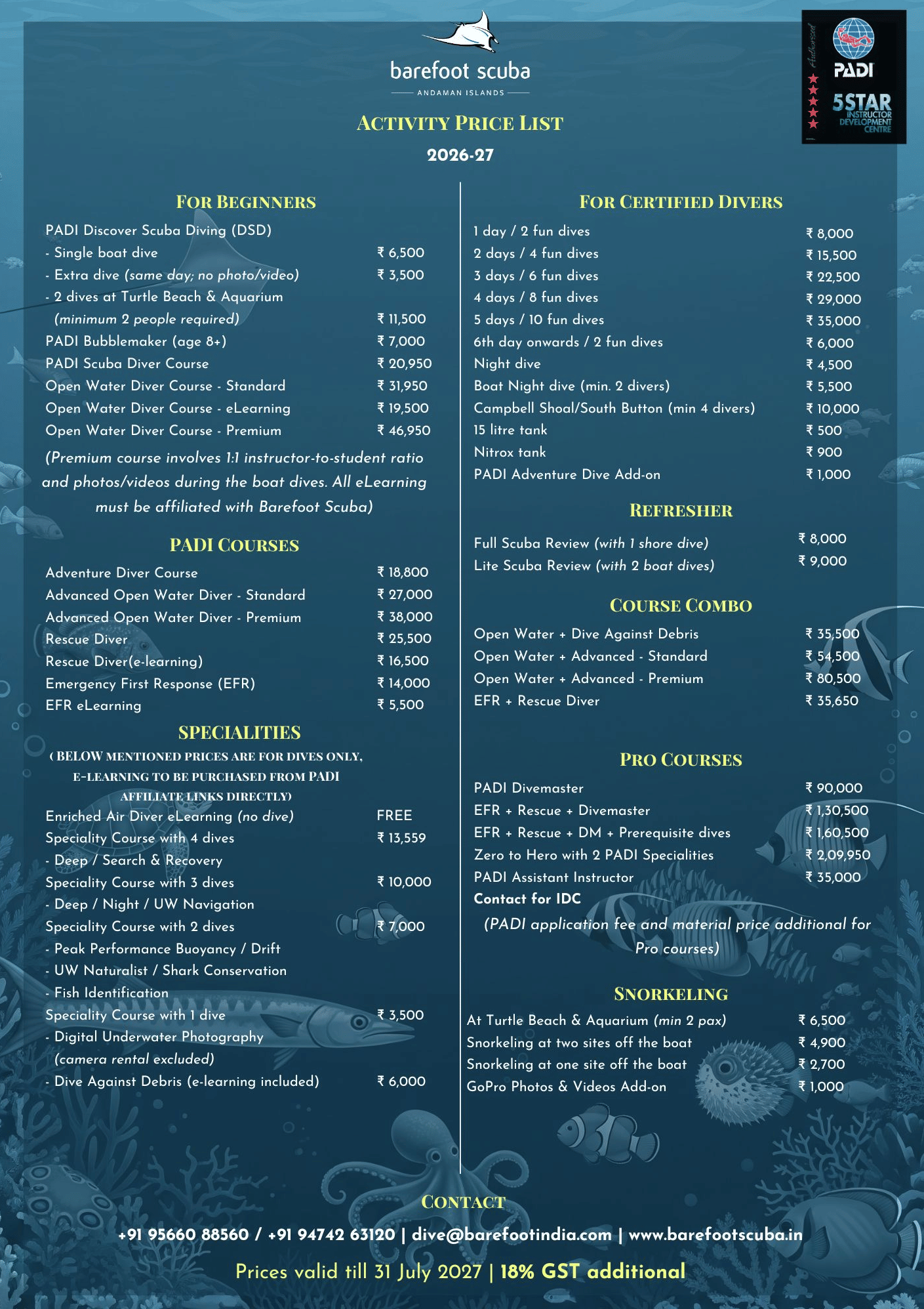 Detailed price list brochure listing diving, excursion, and water sports rates at Barefoot Scuba Resort.