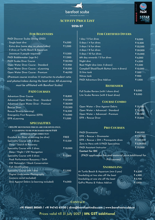 Detailed price list brochure listing diving, excursion, and water sports rates at Barefoot Scuba Resort.