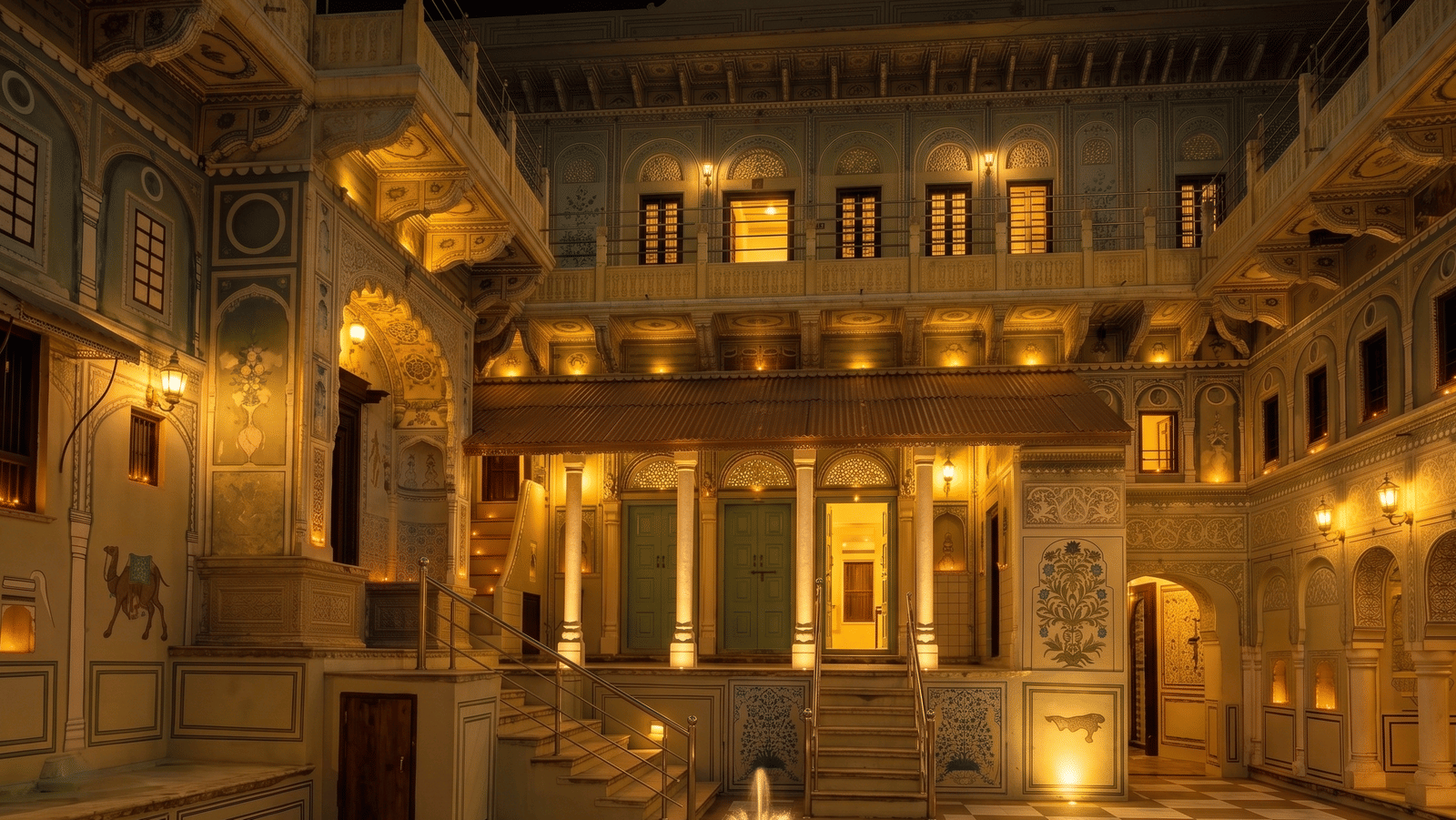 Lamp-lit courtyard at night with marble staircases, a lotus fountain, a camel mural and painted arcades at BluSalzz Vintage - Harlalka Haveli.