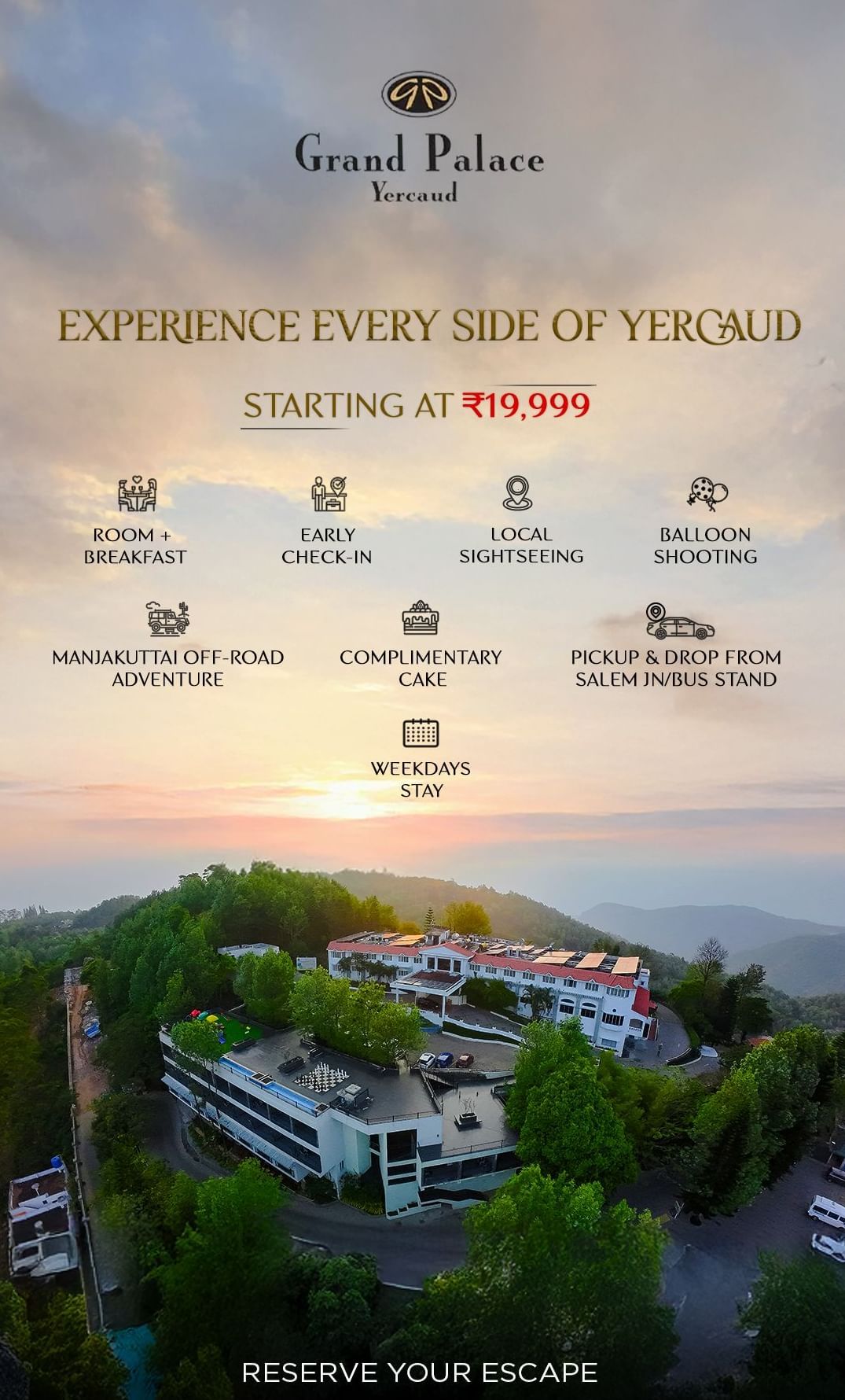 A breathtaking sunset vista of the Grand Palace Hotel resort nestled in the hills, inviting guests to experience the ridge of the world